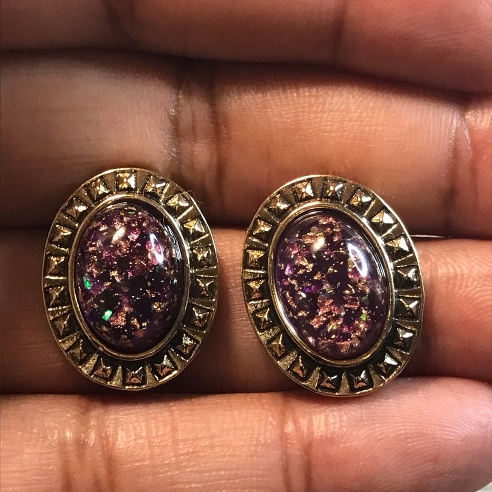 Vintage Gold and Purple Oval Stud Gold Plated Glitter Earrings